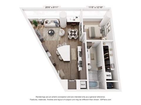 Floor plan for 1 bed, 1 bath, 862 sqft